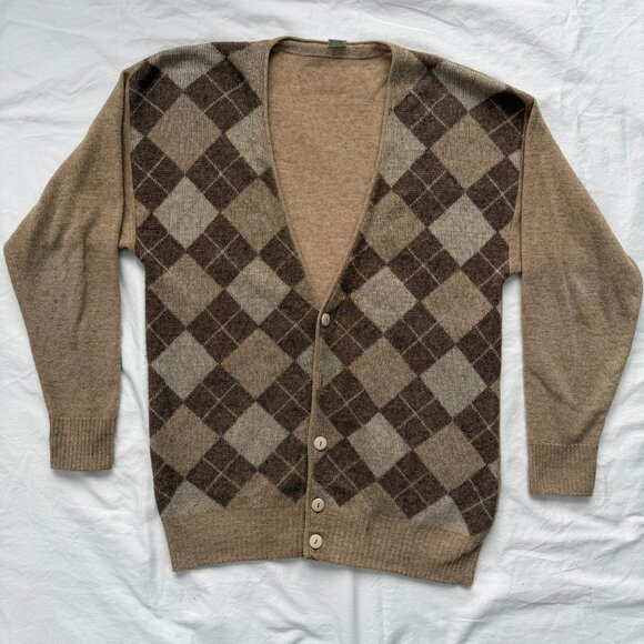 VINTAGE 70s Argyle Indie Grunge Grandpa Tan Brown Cardigan Sweater M/L - Picture 2 of 12